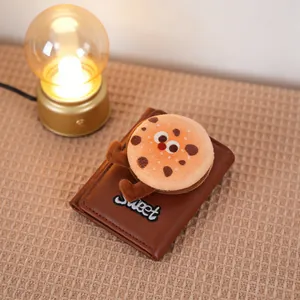 Brown PU leather trifold wallet with plush cookie character and Sweet embroidery