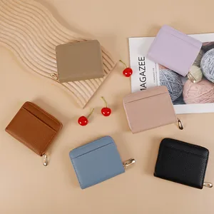 Litchi pattern leather mini wallets with gold zippers in six assorted colors