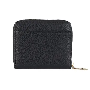 Black litchi pattern short zipper wallet with card slot and gold metal hardware