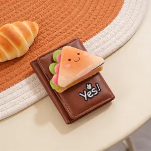 Creative plush sandwich brown tri-fold short wallet for women with cute 3D mascot