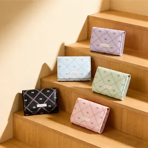 Petits portefeuilles trois-volets en cuir PU pour femmes avec nœuds et tons pastels