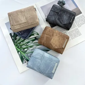 Vintage denim texture short bifold wallet set with zipper and metal sun label