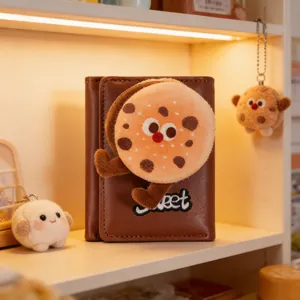 Creative cookie plush brown tri-fold wallet for women with Sweet embroidery on wood shelf