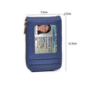 Blue leather zipper wallet card holder with lychee texture and transparent ID window