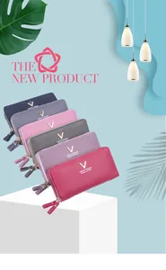 Litchi pattern PU leather long wallets for women in six colors with dual zipper and V-logo