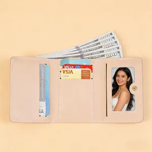 Three-fold beige faux leather women's star wallet with multiple card slots and photo window