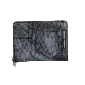 Compact denim bifold wallet in dark grey featuring a zipper and metal hardware