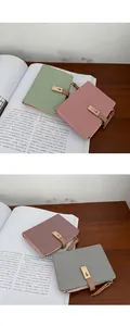 Detail view of four minimalist lychee texture wallets in pastel Morandi color options