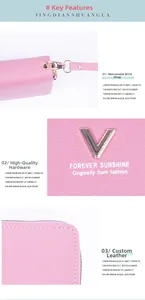 Detail view of pink PU leather texture, metallic V-logo, and detachable wrist strap
