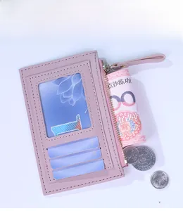 Internal scene display of ultra-thin purple card holder with zipper and ID window