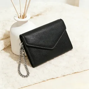 Women Minimalist Lychee Pattern PU Leather Wallet Foldable Coin Purse Small Envelope Wallet With Silver Chain Card Holder