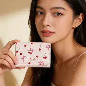 Cute cherry and bow print tri-fold short wallet in faux leather for women