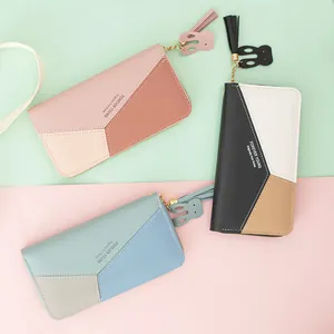 Portefeuille Long Femme en Similicuir PU Patchwork Géométrique Fermeture Éclair Gland Breloque Lapin Grande Capacité