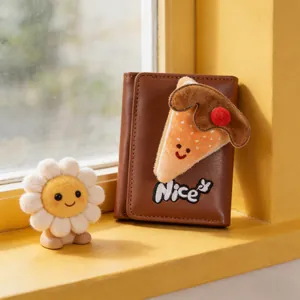 Three-fold brown leather wallet with cute plush cake character and Nice embroidery