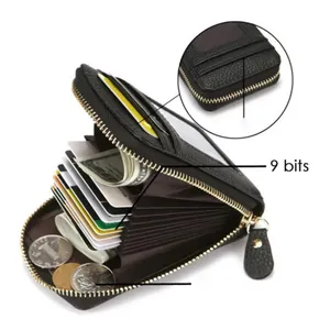 Black litchi grain leather accordion card wallet with 9 slots and gold zipper closure
