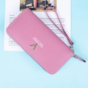Light pink PU leather long wallet with double zipper and V-shaped metal logo detail