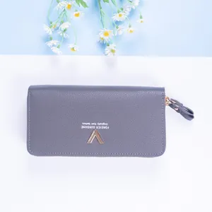 Dark grey long PU leather wallet for women with double zipper and gold V logo