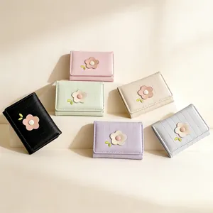 Mini portefeuilles à fleurs pliables en couleurs macaron avec surpiqûres verticales