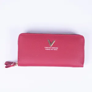 Dual zipper rose red PU leather wallet for women with gold V logo and textured finish