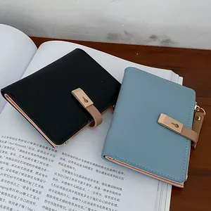 Short bifold PU leather wallets in black and blue with snap buckle and zipper coin pocket