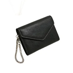 Black lychee leather mini envelope wallet with silver chain and foldable compact design