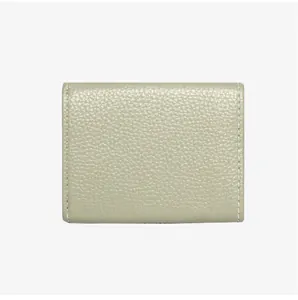 Detail view of sage green litchi grain leather wallet with white contrast stitching