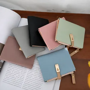 Litchi pattern PU leather short wallets in multiple colors with metal buckle and zipper