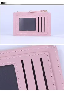 Pink slim leather wallet showing transparent photo slot and fine stitching details