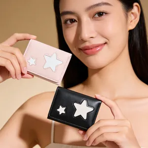 Minimalist star pattern tri-fold wallets in pink and black faux leather for women