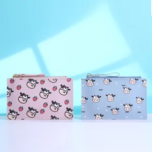 Cute cartoon cow and strawberry pattern slim wallets with gold zipper for women