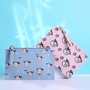 Slim PU leather cow print card holder wallet with zipper closure in blue and pink