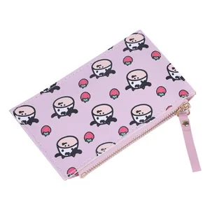 Cute pink strawberry cow print slim wallet for women with secure metal zipper closure