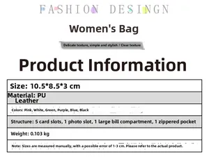 Detailed specifications chart for women's PU leather wallet showing sizes and compartments