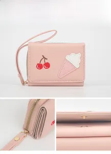 Pink short wallet with ice cream embroidery, metal zipper and magnetic flap closure details