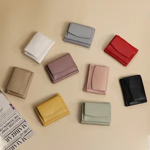Multi-color trifold leather wallets with litchi grain texture and metal snap closure