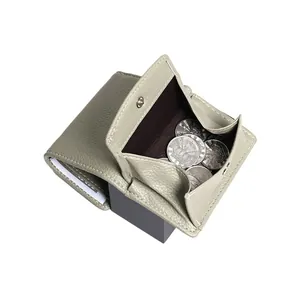 Minimalist litchi grain sage green coin purse with snap closure and credit card slots