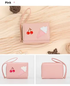 Pink women's wallet with cherry ice cream embroidery and leather zipper strap detail