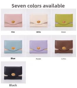 Collage of seven colored PU leather wallets with retro gold twist lock and glitter detail