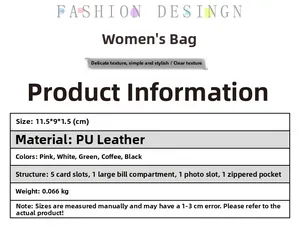 Detailed chart showing PU leather wallet dimensions, internal pockets and material specs
