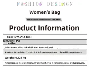 Detailed spec chart of a quilted PU leather long wallet with size and 16 card slots info