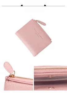 Detailed views of pink faux leather wallet with crocodile pattern and zipper closure