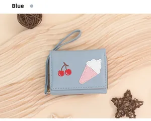 Blue short PU leather wallet detail showing cherry ice cream embroidery and wrist strap