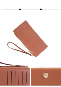 Caramel long quilted wallet detail showing interior card slots and magnetic metal clasp