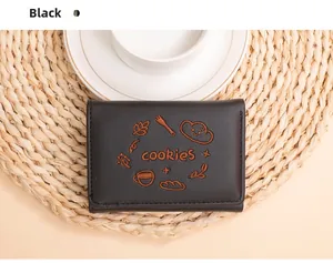 Broderie détaillée de café et croissants sur portefeuille en cuir PU noir plié