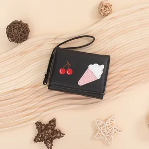 Black PU leather mini wallet with cherry and ice cream embroidery and wrist strap