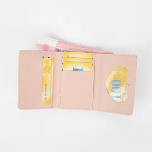 Portefeuille rose en simili cuir pour femme avec fenêtre en cœur et fentes pour cartes