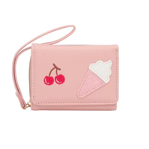 Pink cartoon ice cream and cherry embroidery short trifold wallet with wristlet strap