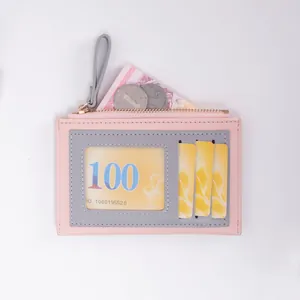 Pink and grey multi-functional zipper wallet with card slots and transparent ID window