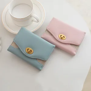 Minimalist PU leather tri-fold wallet with vintage gold clasp and glitter texture