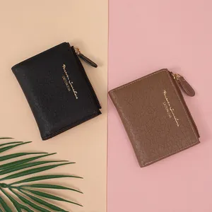Women Short Wallet Korean Style Crocodile Pattern PU Leather Folded Card Holder Coin Purse With Zipper Gold Letters